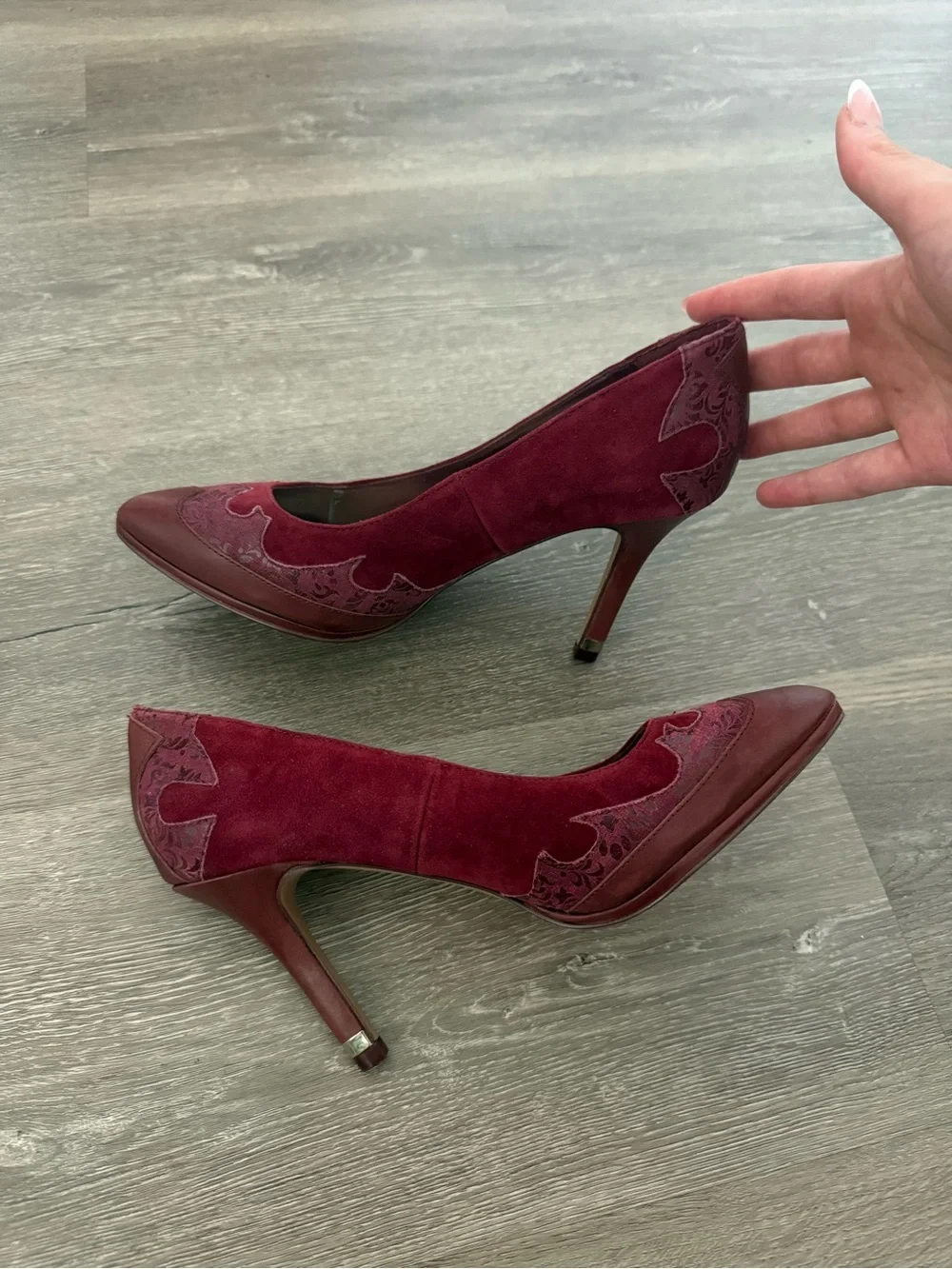 Reba Burgundy Pointed-Toe Mixed-Material Pumps